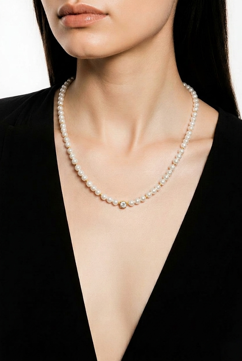 Genuine Saltwater Pearl Necklace with White Zirconia Accent – 16" + 2" Extender