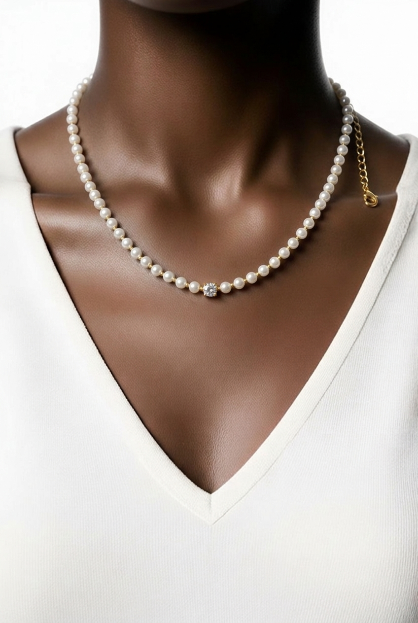 Genuine Saltwater Pearl Necklace with White Zirconia Accent – 16" + 2" Extender