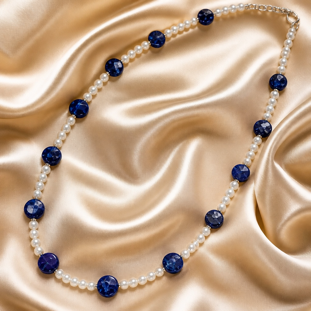Lapis Gemstone & Freshwater Pearl Necklace – 18 Inches