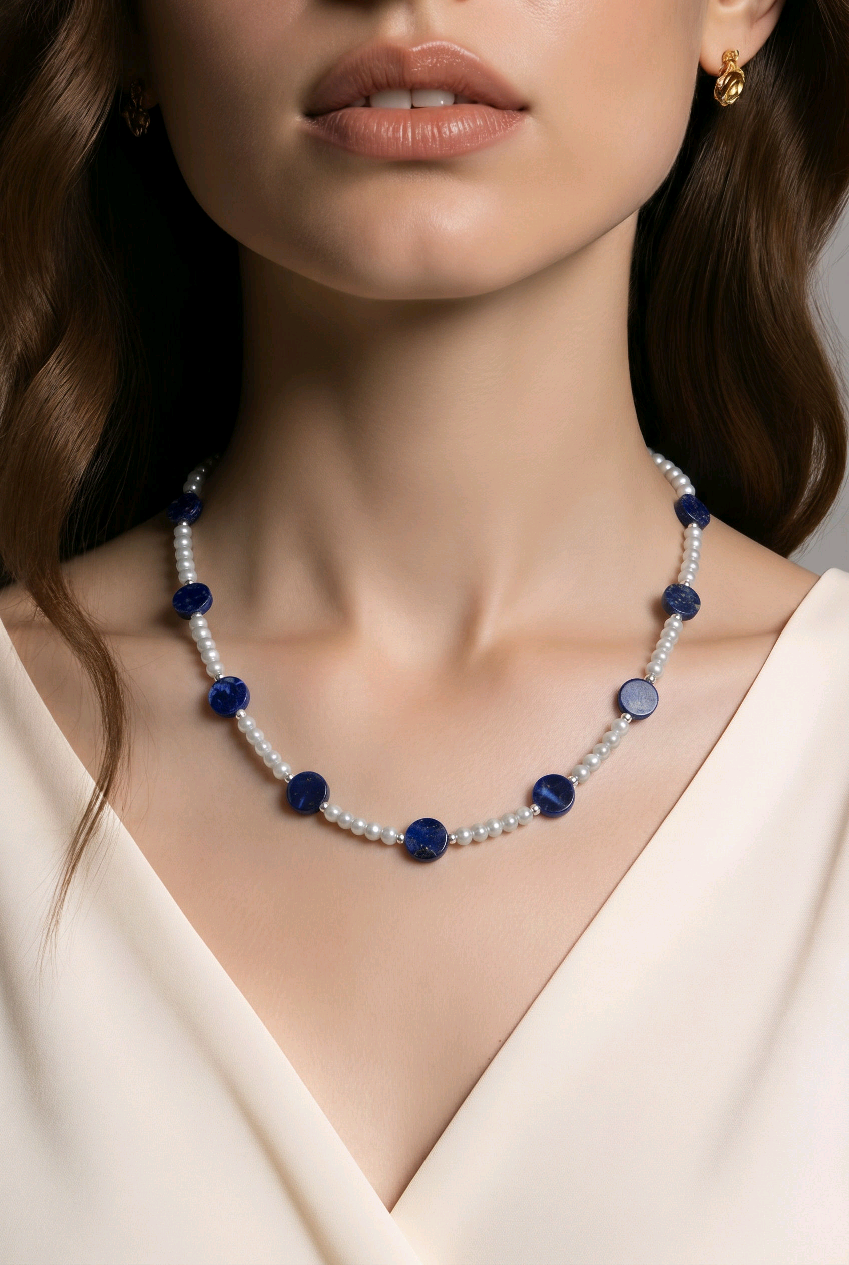 Lapis Gemstone & Freshwater Pearl Necklace – 18 Inches