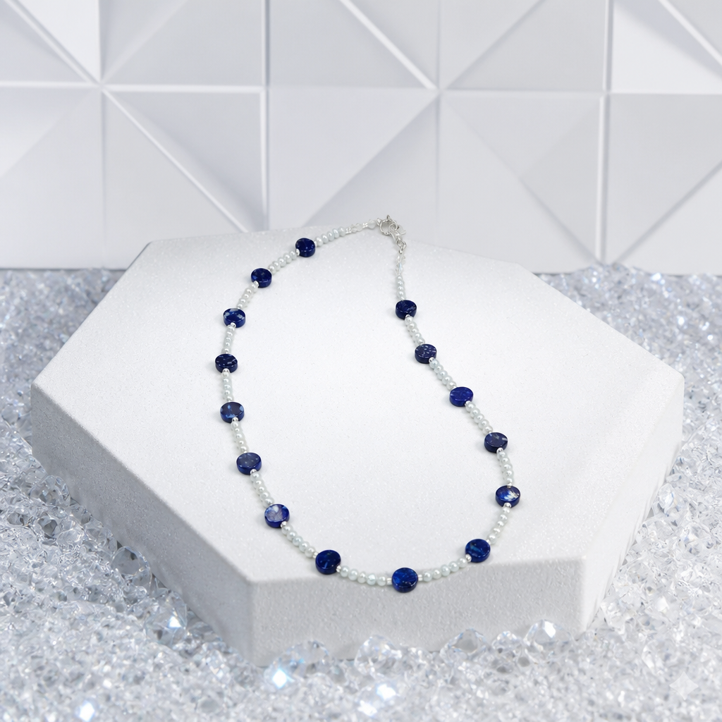 Lapis Gemstone & Freshwater Pearl Necklace – 18 Inches