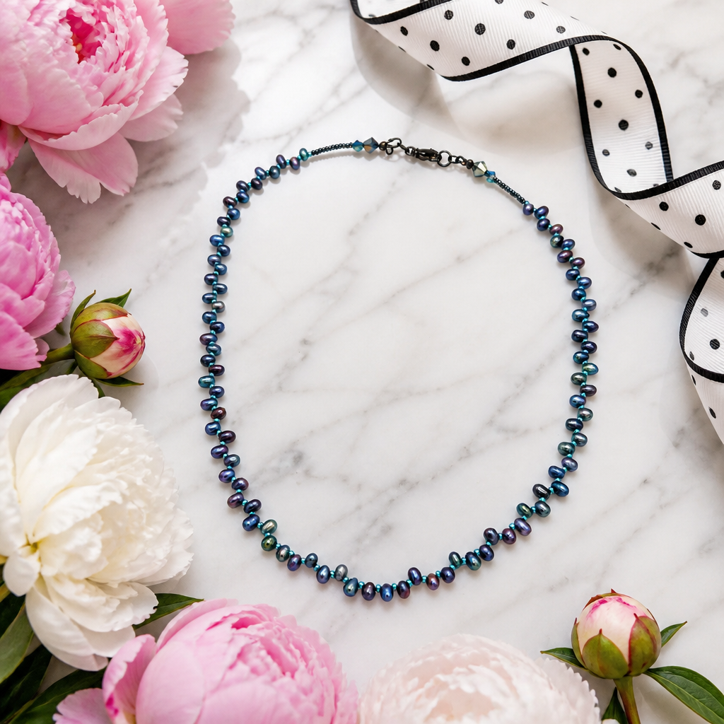 Natural Peacock Blue Pearl Necklace with Seed & Crystal Bead Accents – 18"