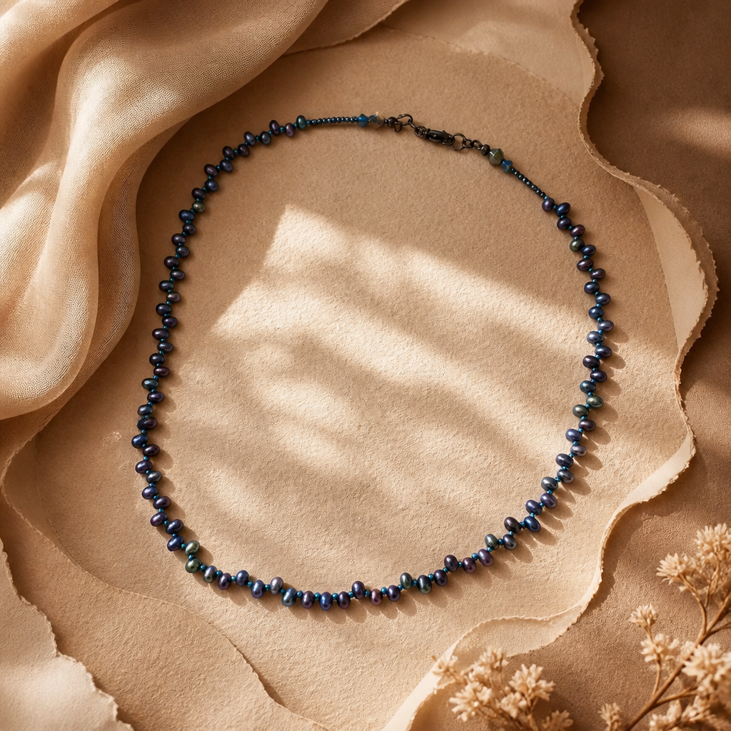 Natural Peacock Blue Pearl Necklace with Seed & Crystal Bead Accents – 18"