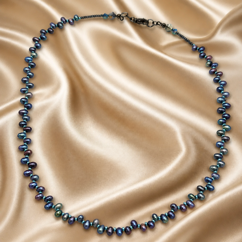 Natural Peacock Blue Pearl Necklace with Seed & Crystal Bead Accents – 18"