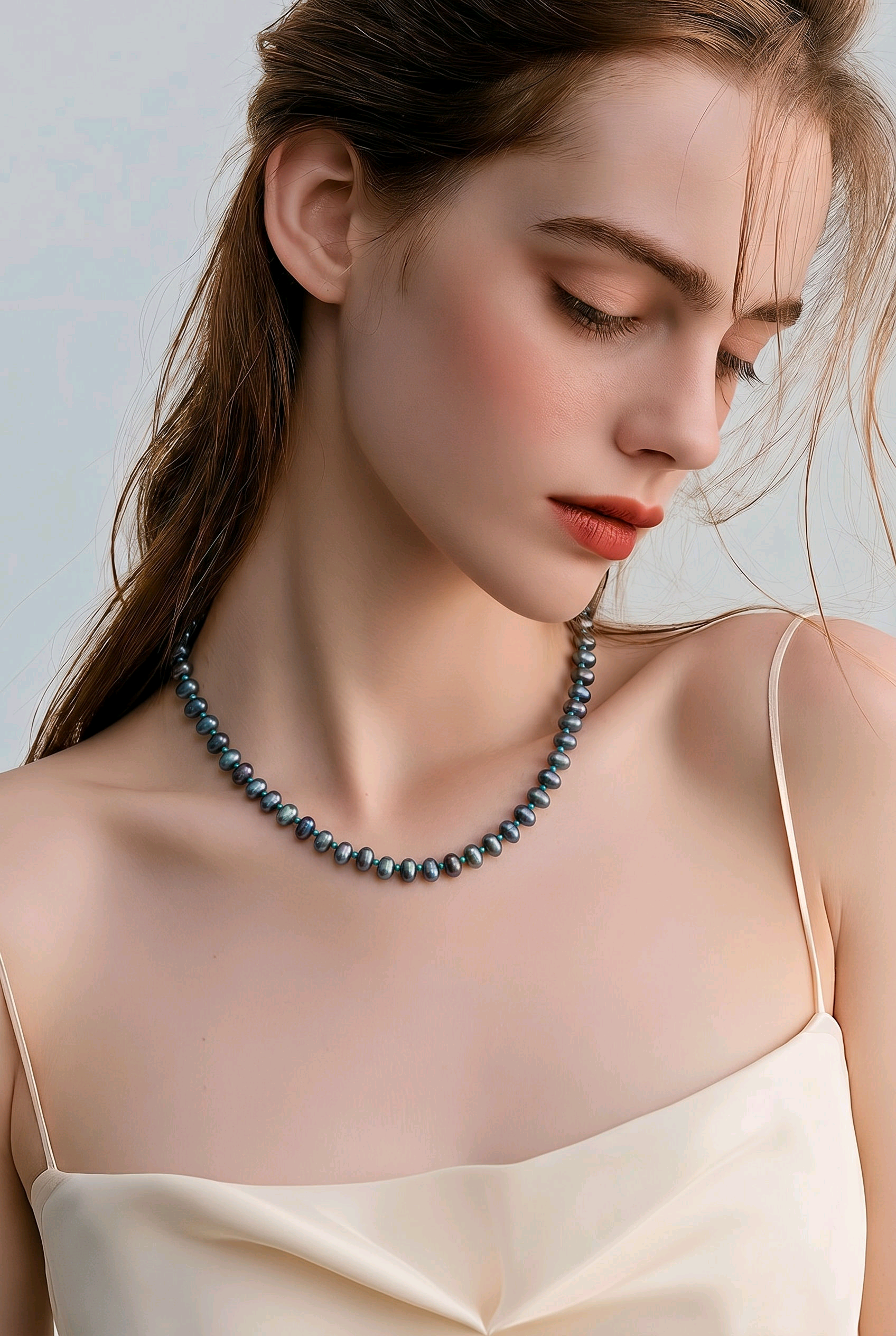 Natural Peacock Blue Pearl Necklace with Seed & Crystal Bead Accents – 18"