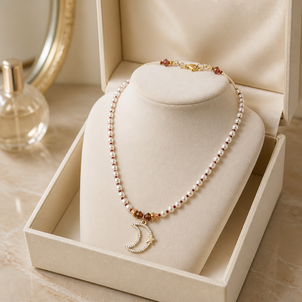 Freshwater Pearl Moon & Star Necklace with Crystal & Seed Bead Accents