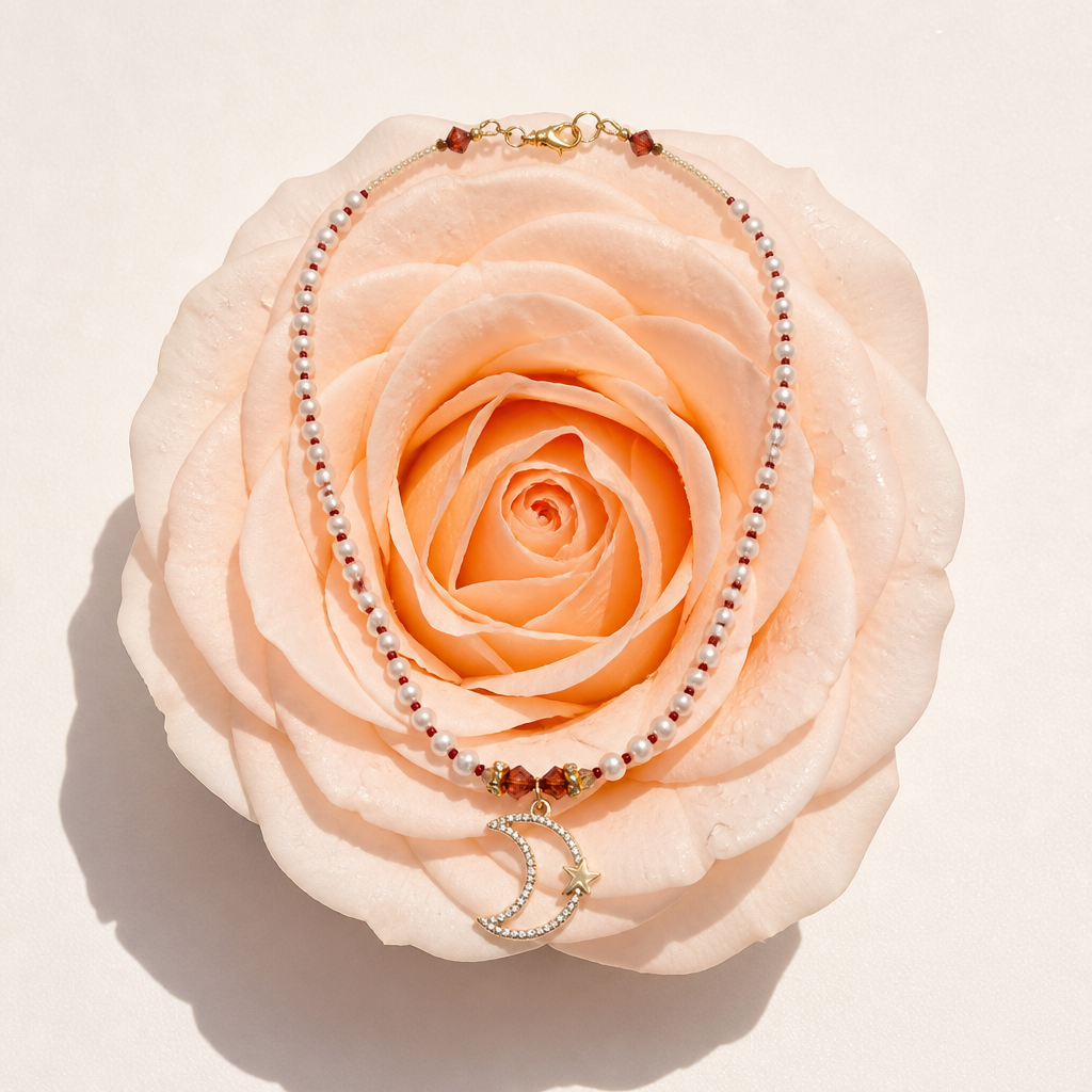 Freshwater Pearl Moon & Star Necklace with Crystal & Seed Bead Accents
