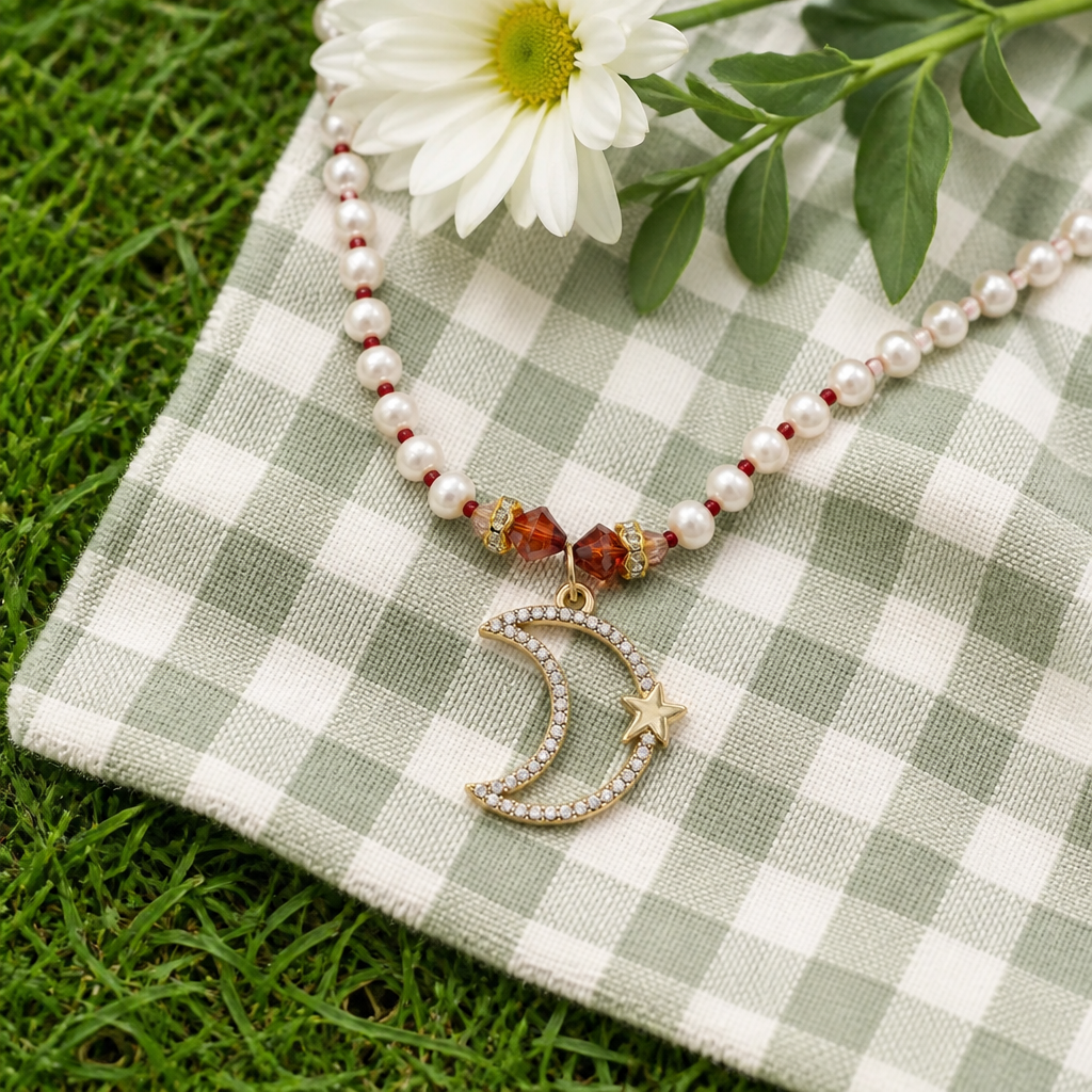 Freshwater Pearl Moon & Star Necklace with Crystal & Seed Bead Accents
