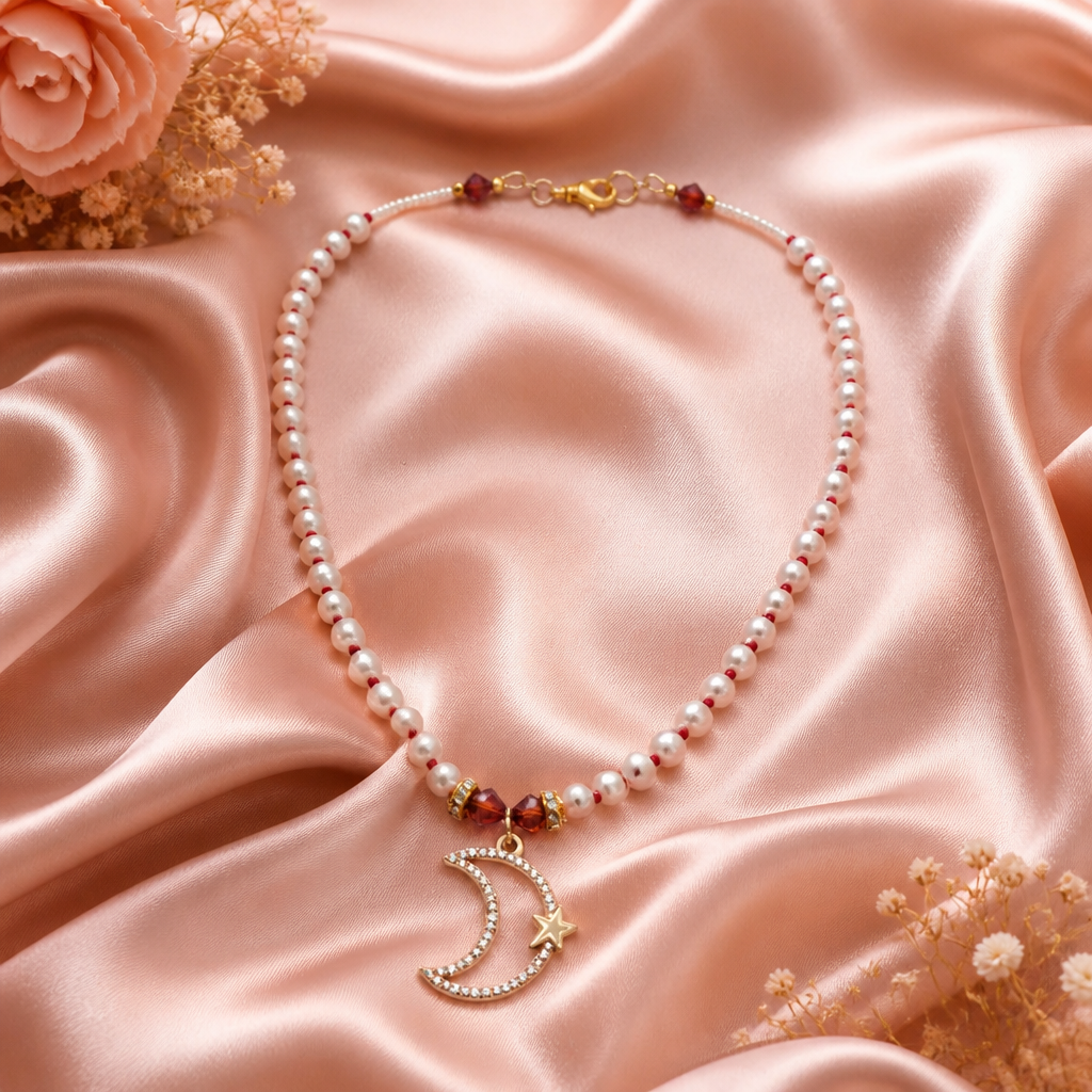 Freshwater Pearl Moon & Star Necklace with Crystal & Seed Bead Accents
